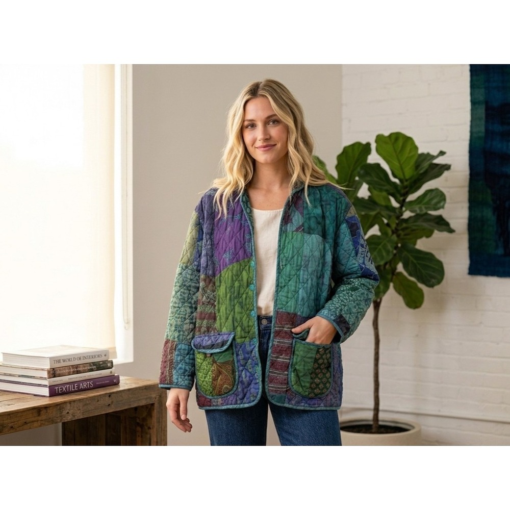 Vintage Sacred Threads Silk Quilted Patchwork Jacket Colorful Boho Size L/XL